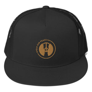 Speak Our Peace cool trucker hat with logo design. Black owned business. Women owned business. Kid owned business. Create peace and love shirts.