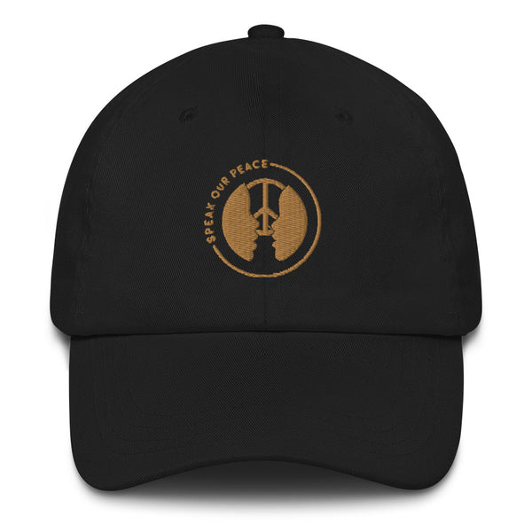 Speak Our Peace cool hat with logo design. Black owned business. Women owned business. Kid owned business. Create peace and love shirts.