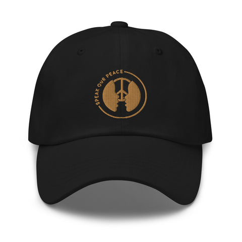 Speak Our Peace cool hat with logo design. Black owned business. Women owned business. Kid owned business. Create peace and love shirts.