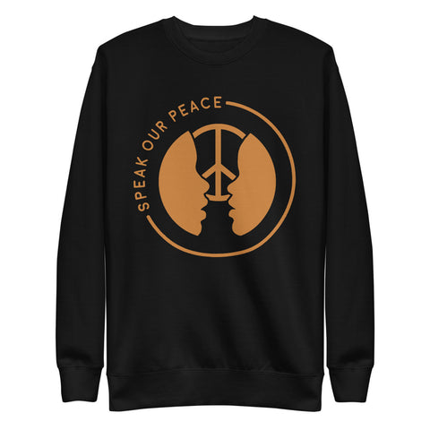 Speak Our Peace cool sweatshirt with logo design. Black owned business. Women owned business. Kid owned business. Create peace and love shirts.