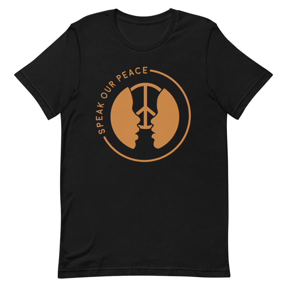 Speak Our Peace cool t shirt with logo design. Black owned business. Women owned business. Kid owned business. Create peace and love shirts.